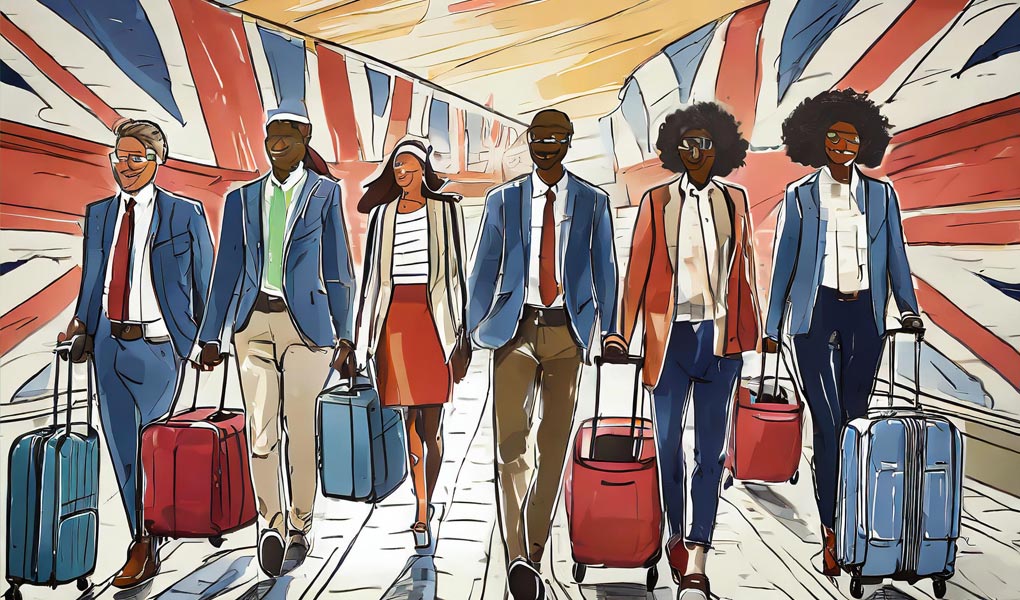 Diverse group walking towards viewer, GB flag background