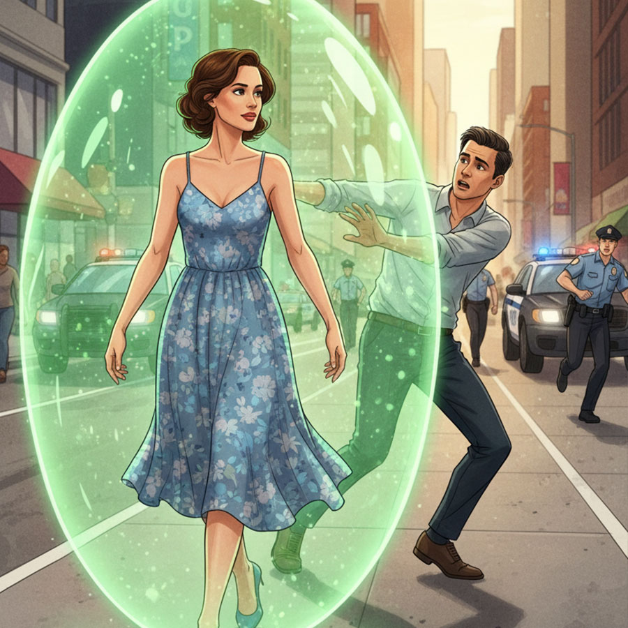 Woman surrounded by protective bubble