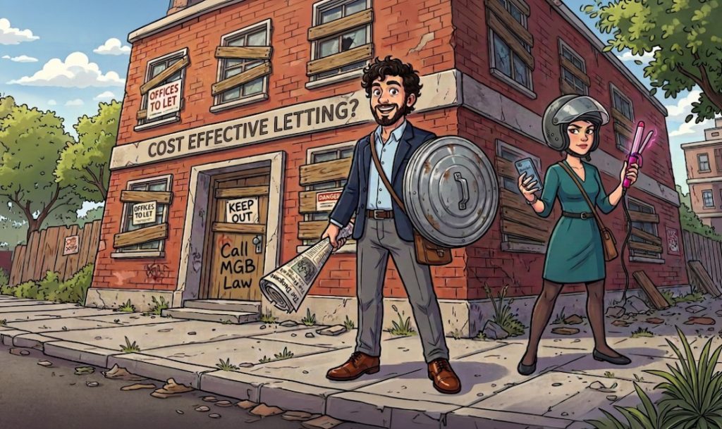 Cartoon of a man and woman defending a building