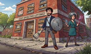Cartoon of a man and woman defending a building