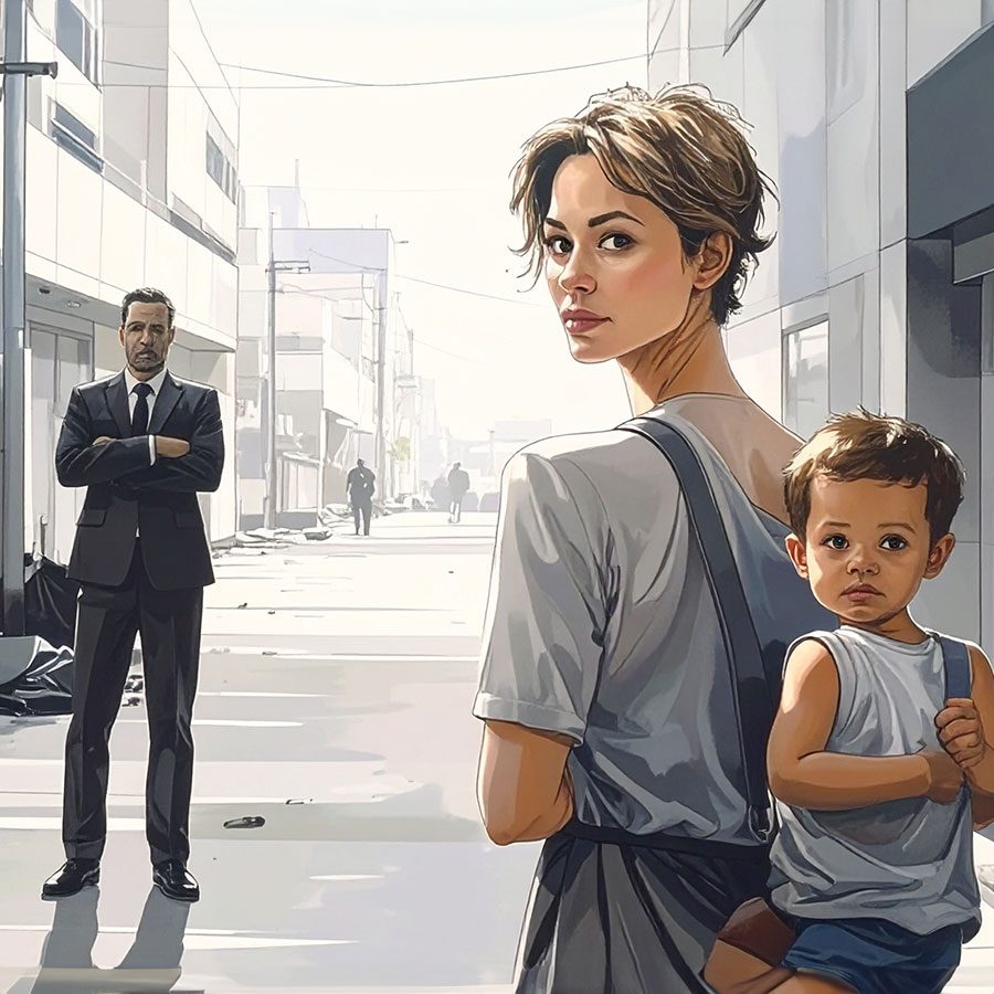 Morther carrying babe looking over shoulder